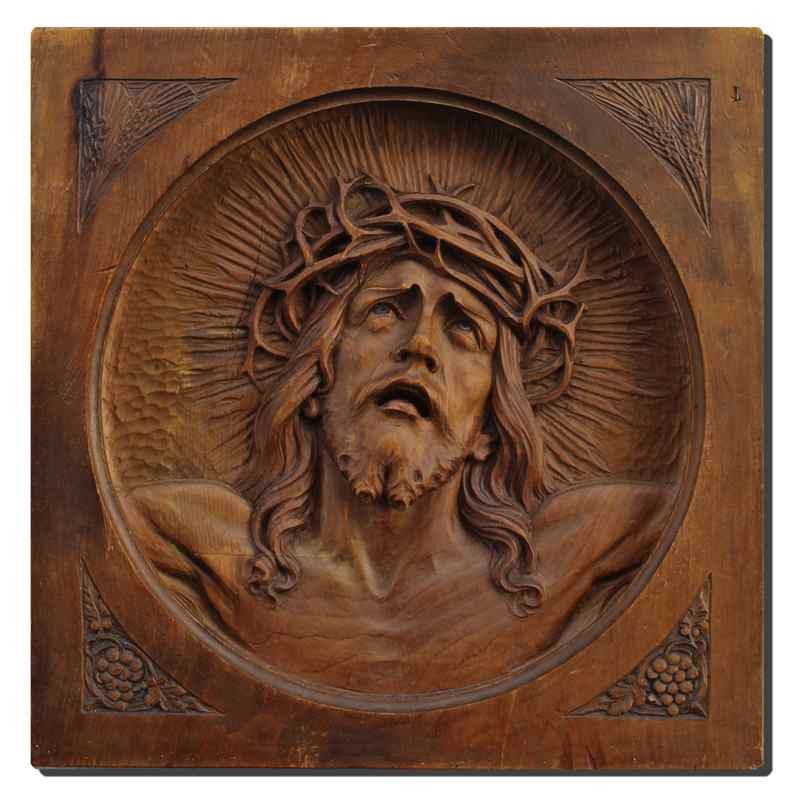 Appraisal: CARVED WOOD RELIEF PLAQUE OF CHRIST WEARING A CROWN OF