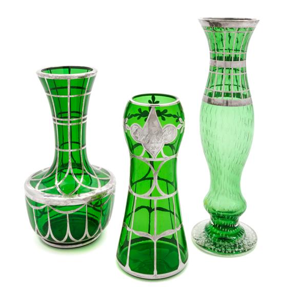 Appraisal: Sale Lot Three Silver Overlay Glass Vases comprising one of