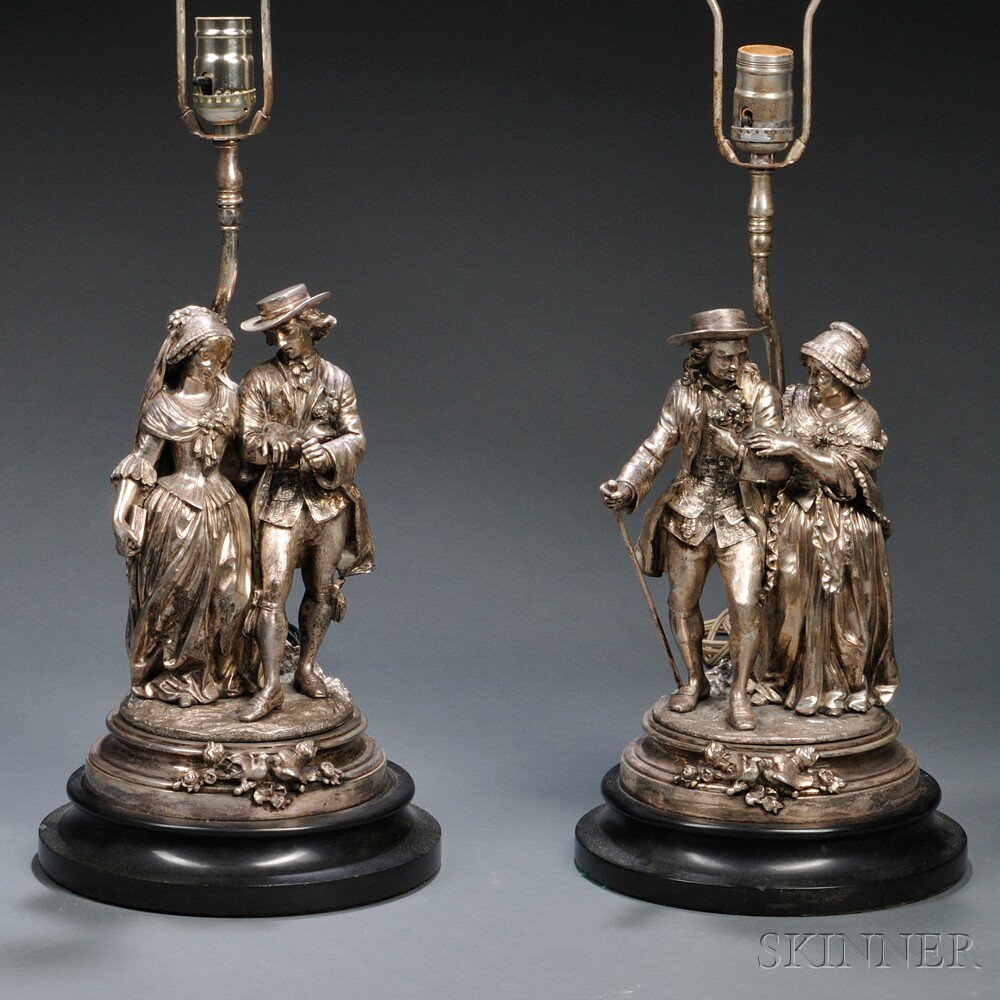 Appraisal: Near Pair of Silvered Bronze Figural Lamp Bases Continental late