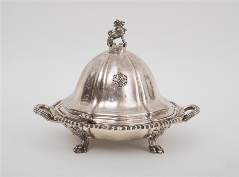 Appraisal: GEORGE IV SILVER TWO-HANDLED SHALLOW WARMING DISH WITH ASSOCIATED VICTORIAN