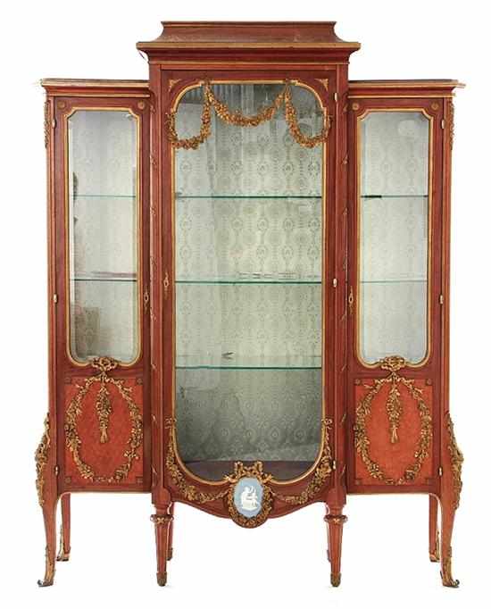 Appraisal: Fine French ormolu and parquetry breakfront vitrine stamped Bastet Lyon