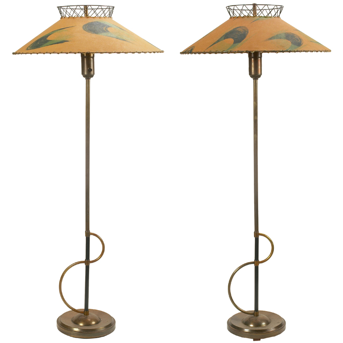 Appraisal: Modern floor lamps pair metal tubular base supporting a broad