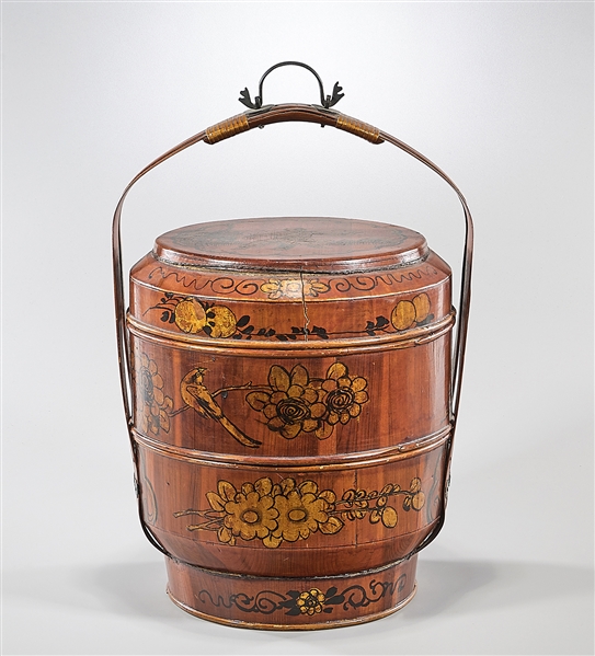 Appraisal: Chinese portable painted lacquer stacking boxes two compartments metal hook