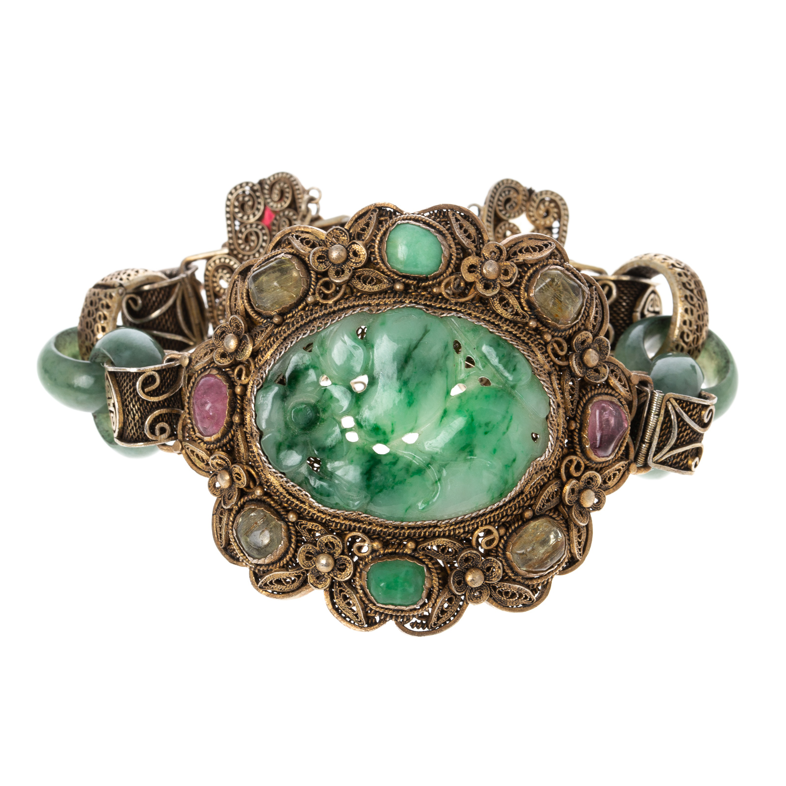 Appraisal: A FINE CARVED JADE TOURMALINE BRACELET Sterling silver gold plated