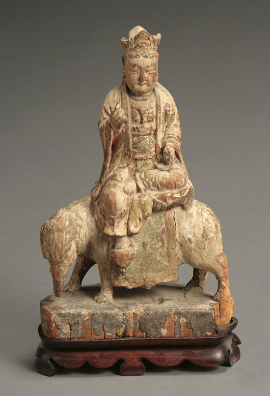 Appraisal: Chinese Polychrome and Gilt Wood Figure of Guanyin Seated Atop