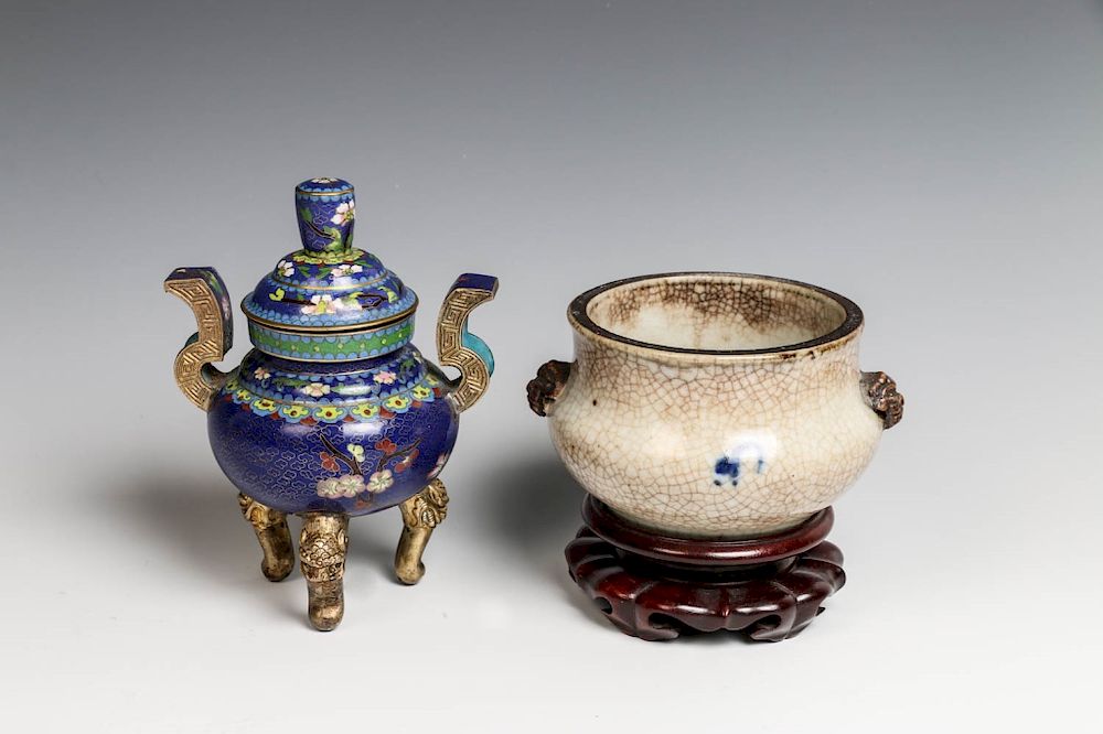 Appraisal: GE-TYPE AND CLOISONNE ENAMEL CENSER Of compressed globular form rising