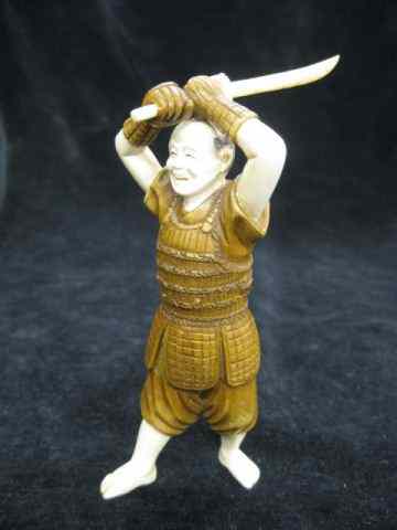 Appraisal: Carved Ivory Wood Figurine of Samarai superb detail signed warrior