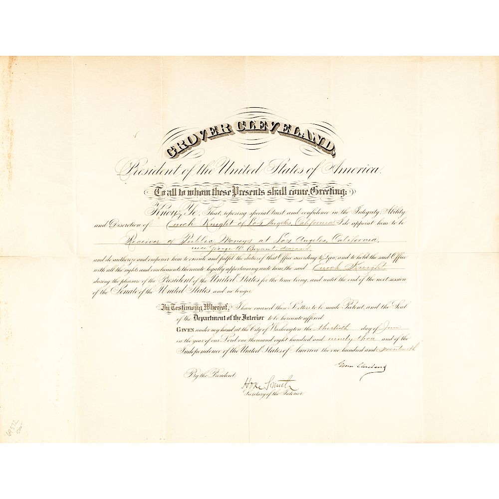 Appraisal: President GROVER CLEVELAND Signed Document Autographs President Grover Cleveland Signed