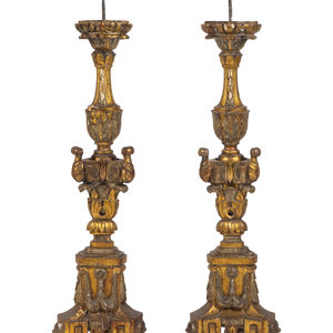 Appraisal: A Large Pair of Italian Baroque Style Giltwood Pricket Sticks