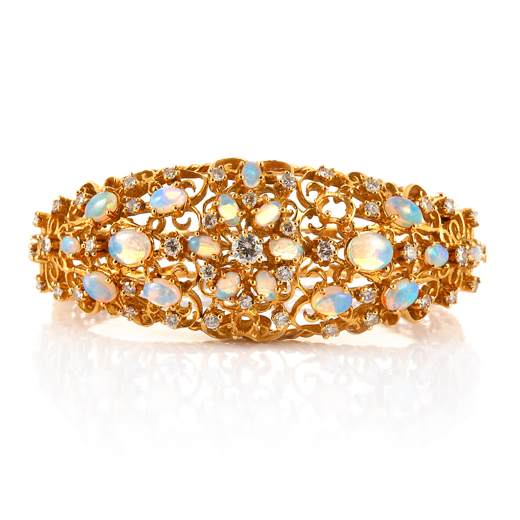 Appraisal: Gold Opal and Diamond Bangle Bracelet kt diamonds ap cts