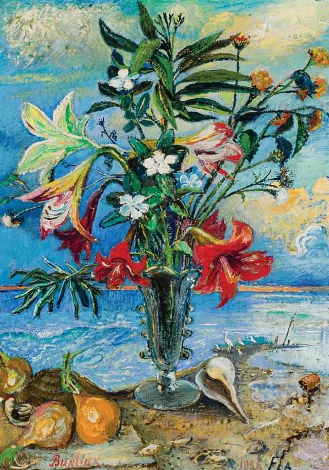 Appraisal: DAVID BURLIUK Russian American - Flowers on a Beach Florida