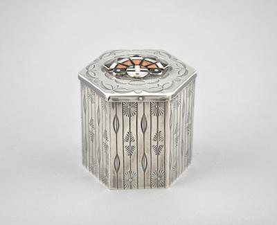 Appraisal: A Southwestern Silver Hexagonal Box with Hopi Design Inlay Unusual