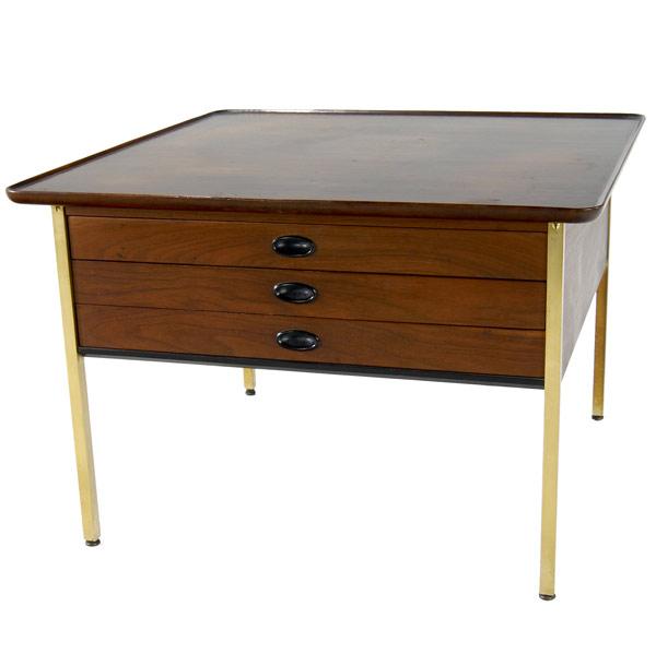 Appraisal: MODERN Walnut two-drawer side table with tray top on brass