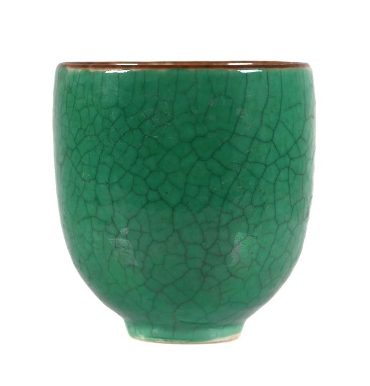 Appraisal: Green crackle glaze pottery footed cup possibly Chinese Cup measures