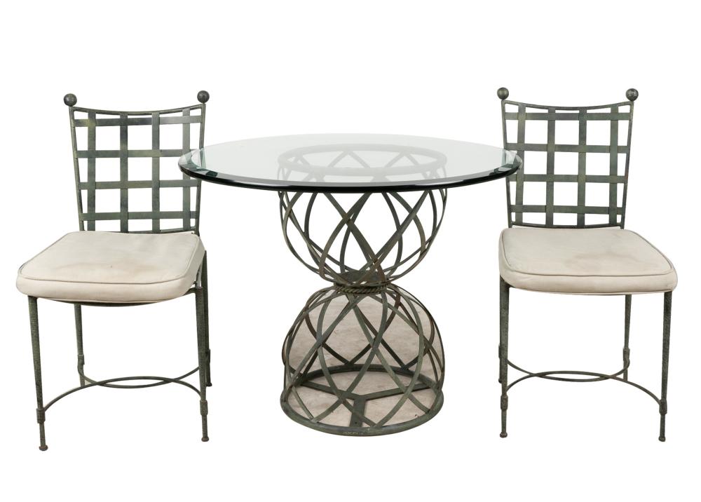 Appraisal: METAL PATIO DINING SETcomprising two Salterini chairs inches wide inches