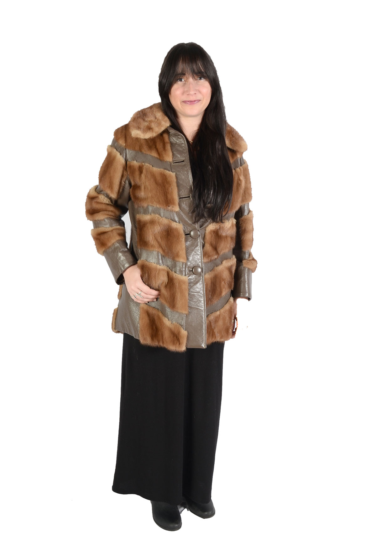 Appraisal: s MINK LEATHER JACKET Alternating auburn colored mink and brown