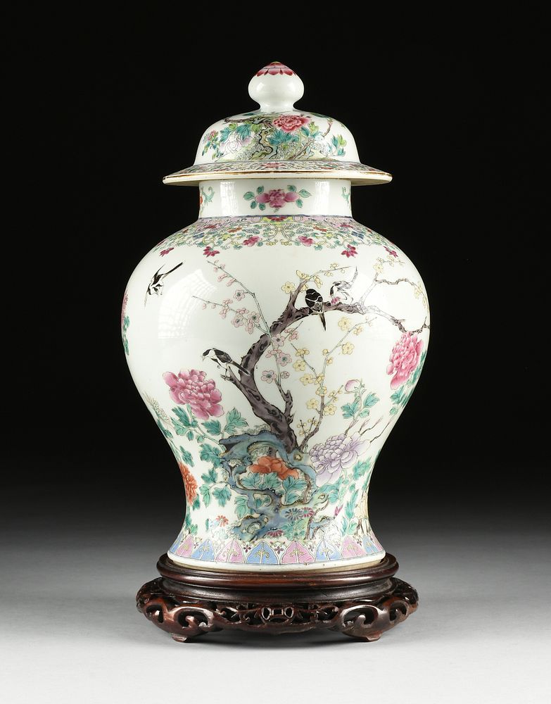 Appraisal: A QING DYNASTY FAMILLE ROSE MAGPIE AND BLOSSOM LIDDED GINGER