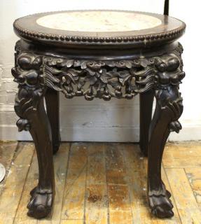 Appraisal: Chinese Hardwood Marble Top Side Table Rounded on paw feet