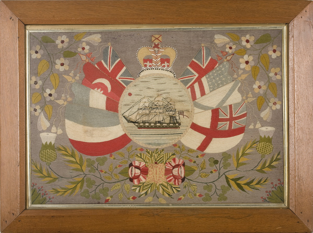 Appraisal: BRITISH WOOLWORK DEPICTING A SHIP-OF-THE-LINE FLANKED BY FLAGS OF ALL