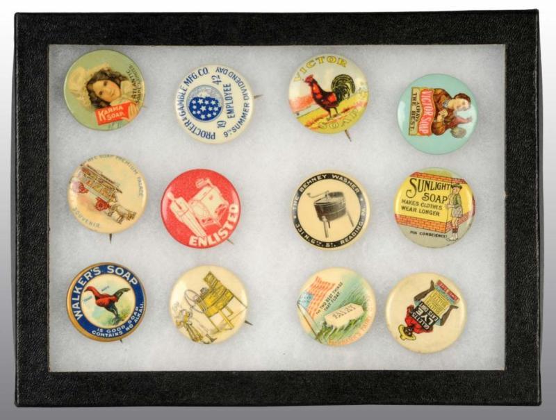 Appraisal: Lot of Soap Advertising Pins Description Beautiful early assortment of