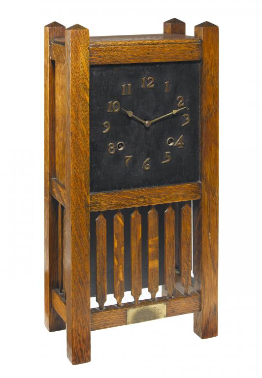 Appraisal: A LIBERTY CO OAK CLOCK the ebonised square dial with