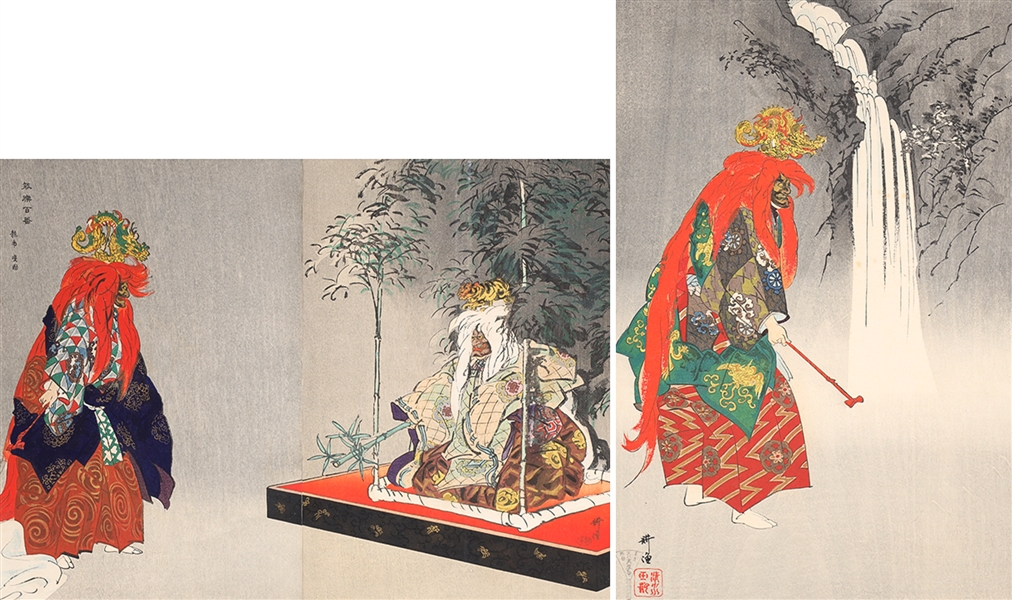 Appraisal: Two framed Japanese woodblock prints attributed to Tsukioka Kogyo -