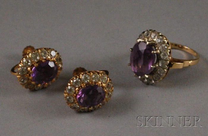 Appraisal: kt Gold Amethyst and Rhinestone Ring and Matching Earrings ring