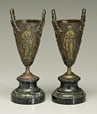 Appraisal: Pair bronze urns vine handles Greek maidens probably early th