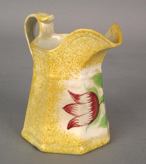 Appraisal: Yellow spatter creamer th c with tulip decoration h