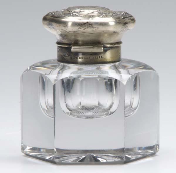 Appraisal: CRYSTAL INKWELL STERLING SILVER Crystal inkwell with faceted sides and