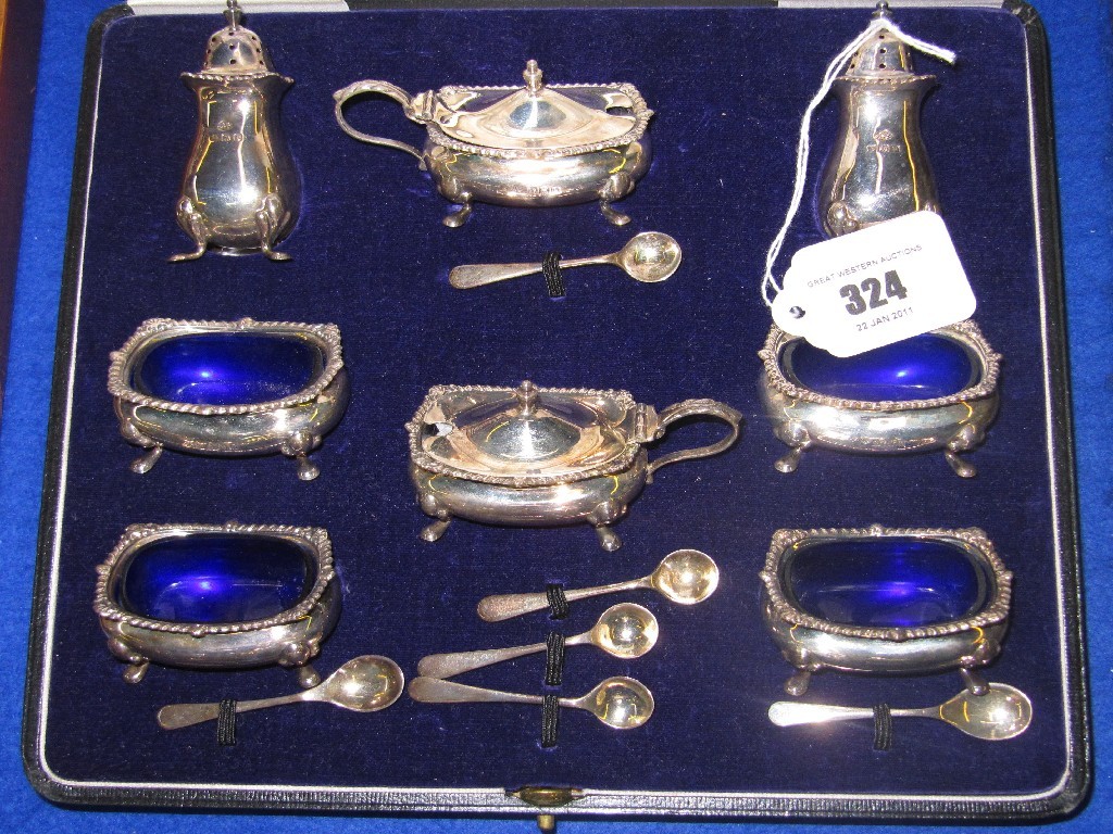 Appraisal: Cased eight piece silver condiment set Birmingham