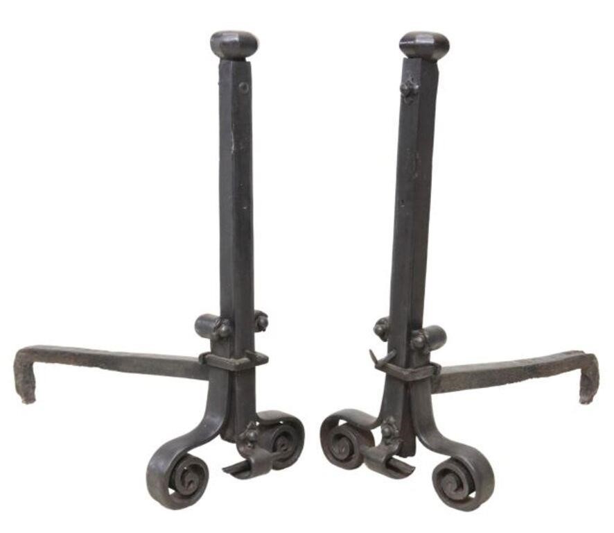 Appraisal: ANTIQUE LARGE RUSTIC WROUGHT IRON ANDIRONS pair Antique wrought iron