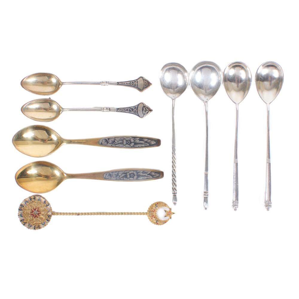 Appraisal: RUSSIAN SOVIET FLATWARE SPOON COLLECTION INCLUDING GILT AND KOKOSHNIK NIELLO