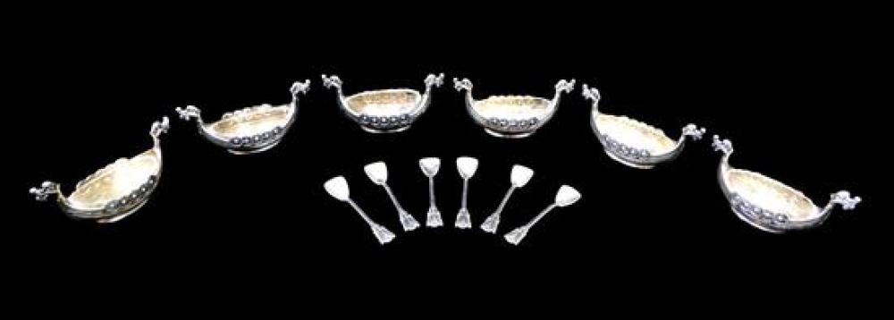 Appraisal: SILVER Six ' ' Viking ship salts cellars with matching