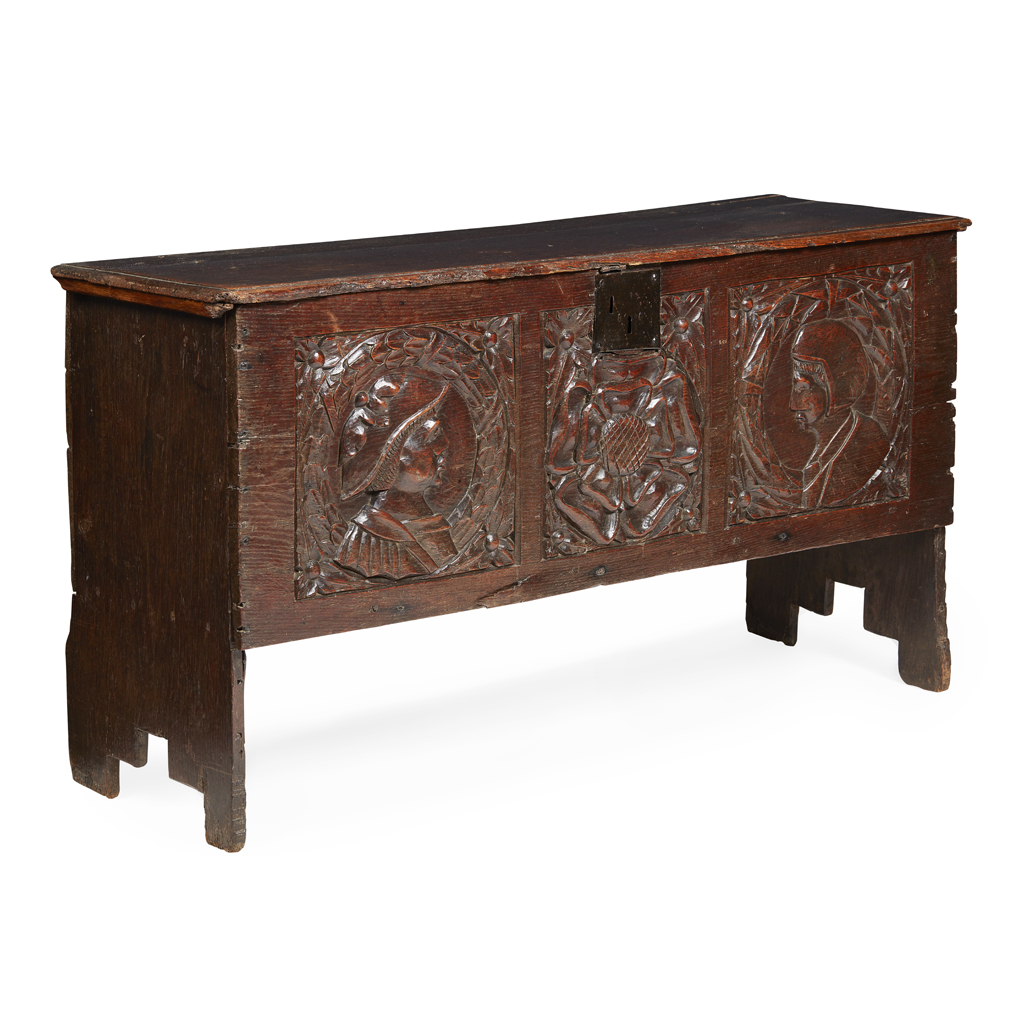 Appraisal: JACOBEAN OAK PANEL CHEST EARLY TH CENTURY the hinged top