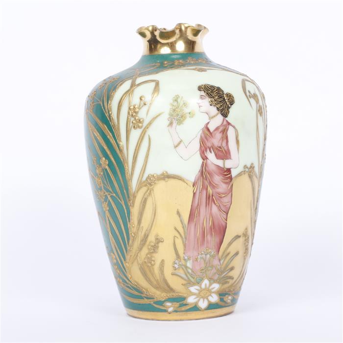 Appraisal: Richard Klemm Dresden Germany parcel gilt and polychrome porcelain vase