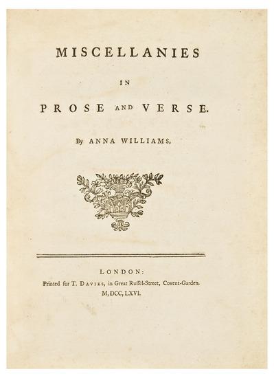 Appraisal: WILLIAMS Anna - Miscellanies in Prose and Verse London for