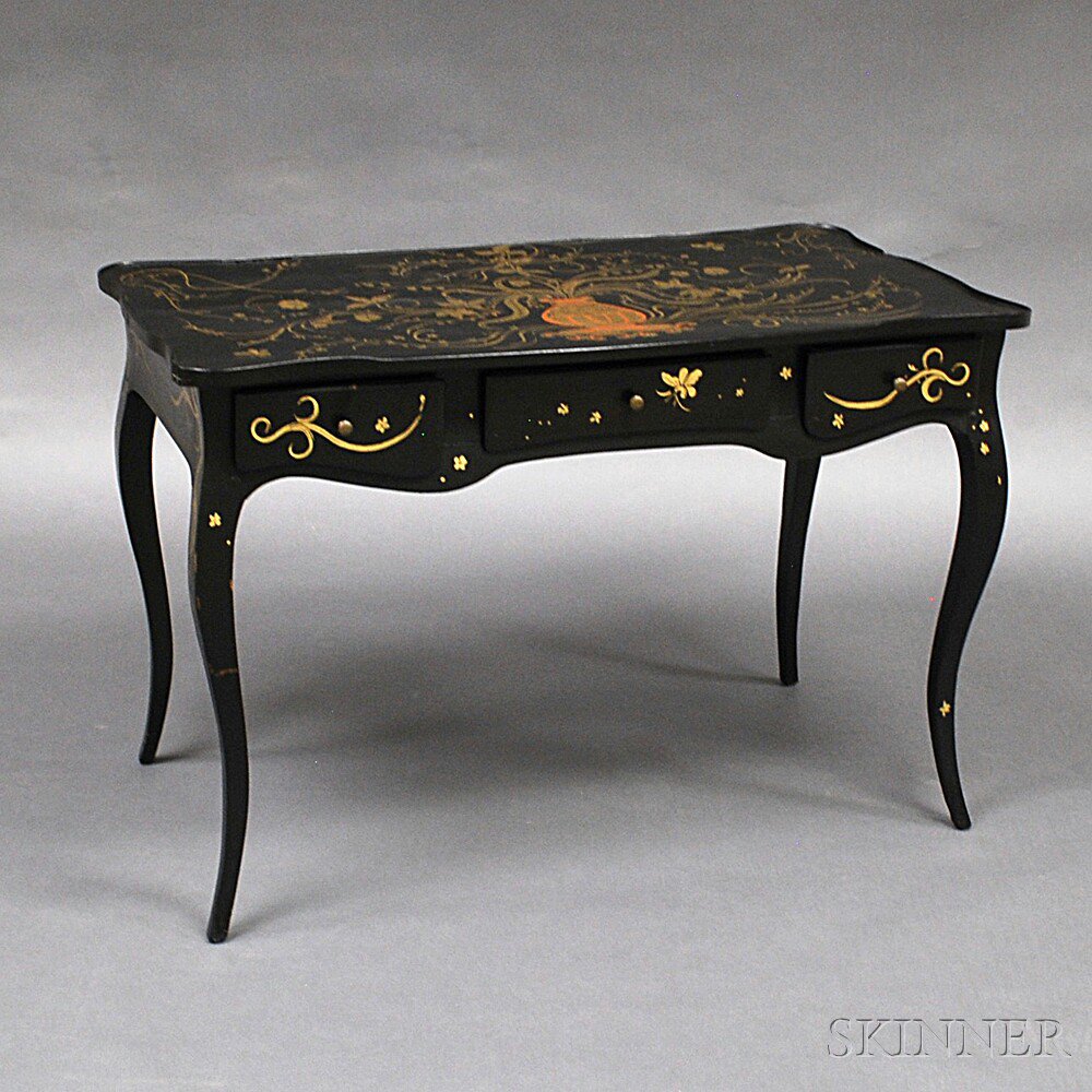 Appraisal: French Provincial Black-painted and Gilt Worktable the molded and shaped