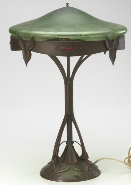 Appraisal: ART NOUVEAU Austrian bronze table lamp with green glass shade