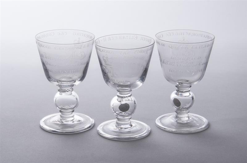 Appraisal: SET OF THREE ELIZABETH II BLOWN GLASS CORONATION GOBLETS Each