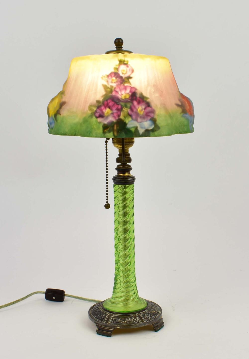 Appraisal: PAIRPOINT PUFFY REVERSE PAINTED HOLLYHOCK TABLE LAMP - The shade