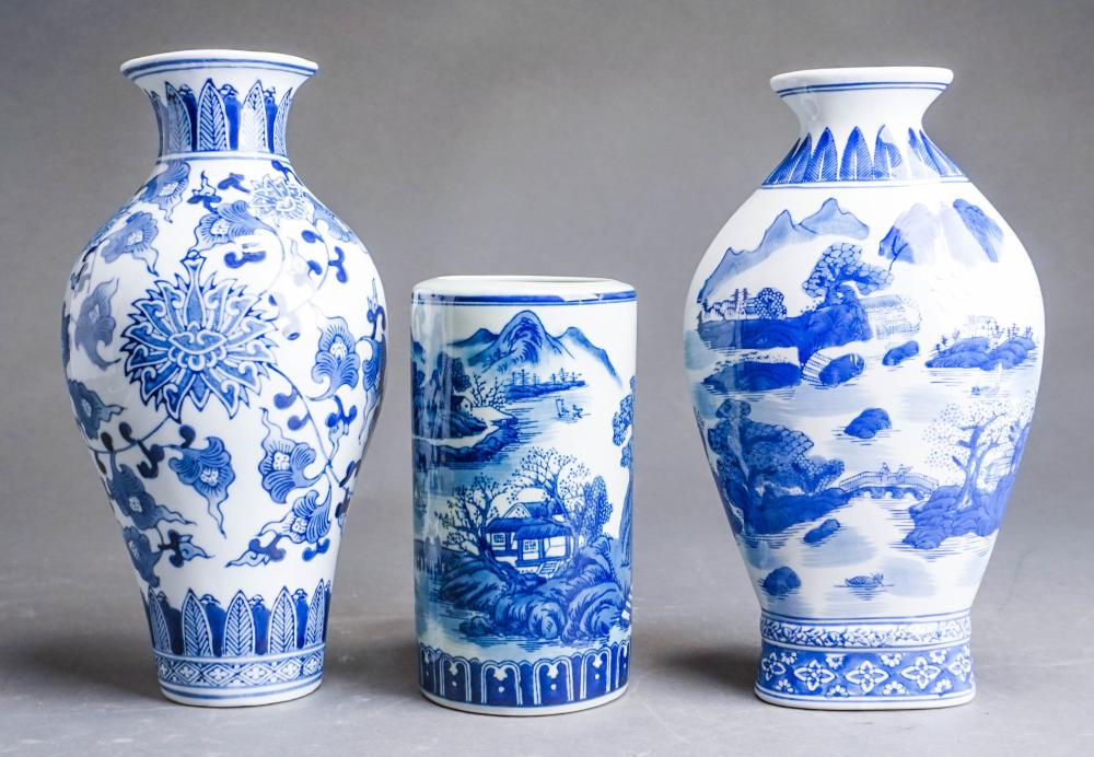 Appraisal: THREE CHINESE BLUE AND WHITE PORCELAIN VASES TALLER WALL POCKET