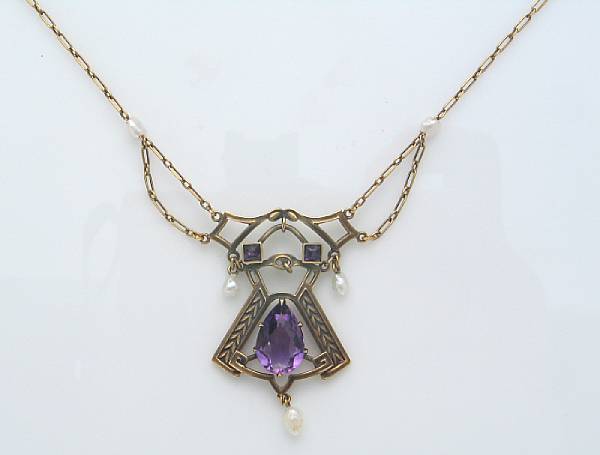 Appraisal: An arts and crafts amethyst pearl and gold necklace length