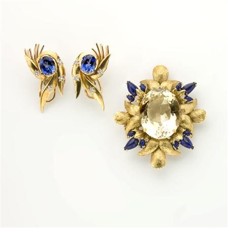 Appraisal: Pair of Gold Sapphire and Diamond Earclips and Gold Citrine