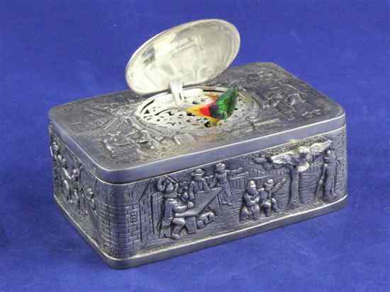 Appraisal: A modern silver singing bird automaton music box of rectangular