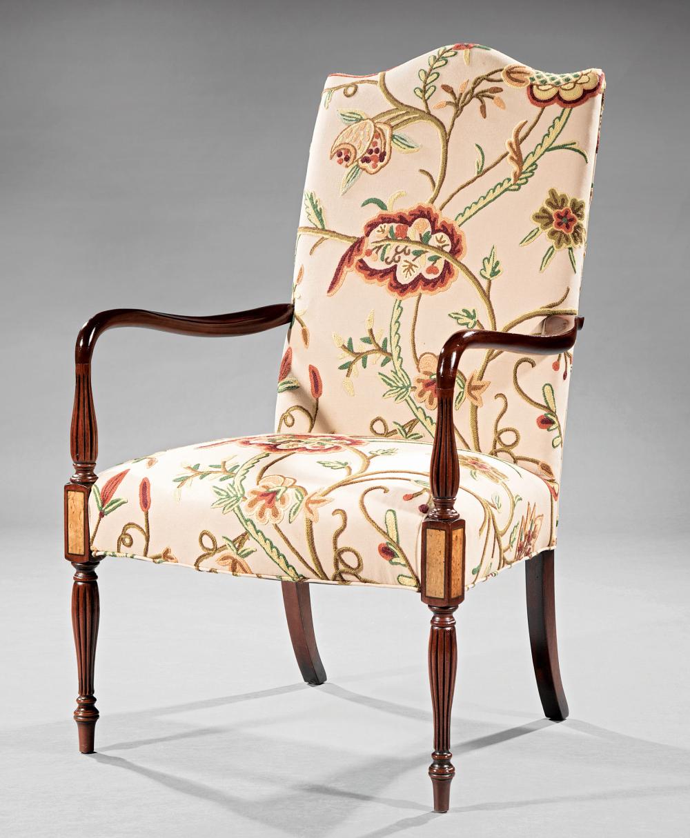 Appraisal: American Federal-Style Carved and Inlaid Mahogany Lolling Armchair serpentine crest