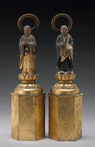 Appraisal: Two lacquered wood figures of attendant bodhisattvas Late Edo Period