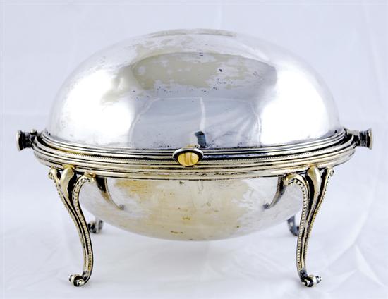 Appraisal: English silverplate revolving breakfast tureen hinged ovoid cover engraved with