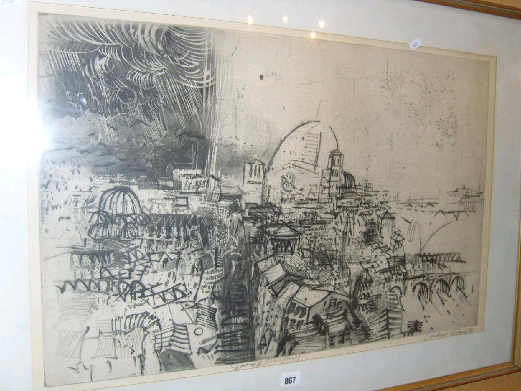 Appraisal: Andrew Rush abstract etching showing a cityscape probably Florence signed