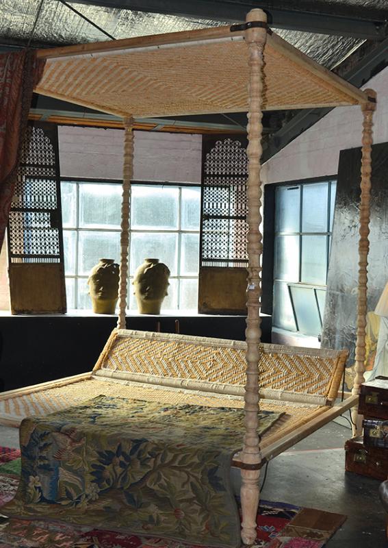 Appraisal: LARGE INDIAN CANOPY DAY BED WITH WOVEN CORD SUPPORTS CM